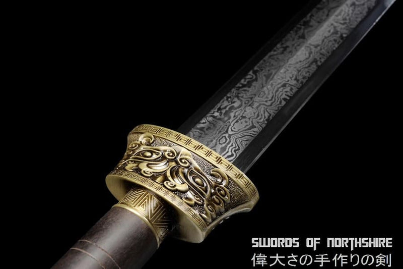 Warring States Jian Hand Forged Folded Damascus Steel Blade Battle Ready Chinese Lion Sword