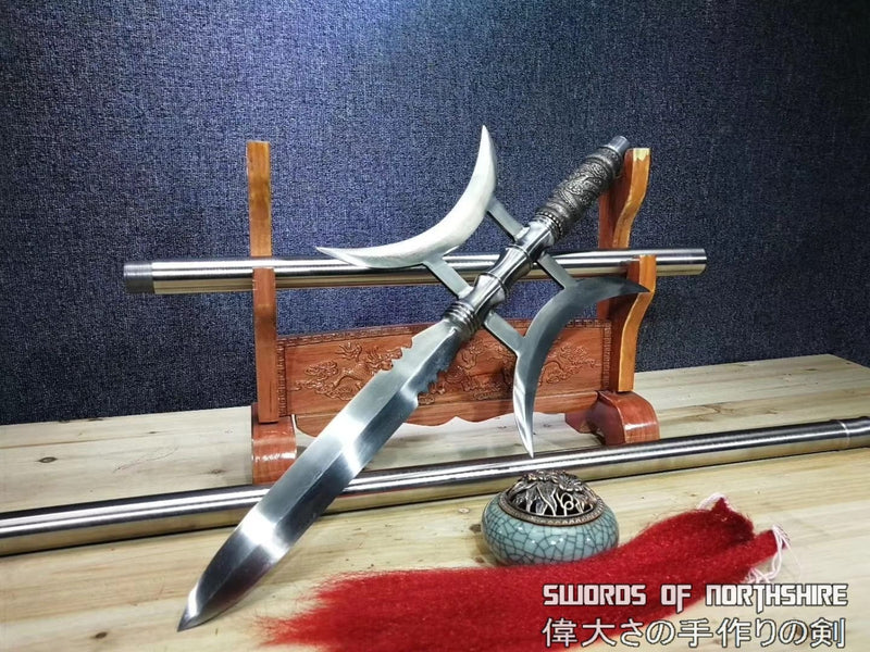 Three Kingdoms Chinese Double Halberd Spear Hand Forged Folded Steel Elite Military Weapon