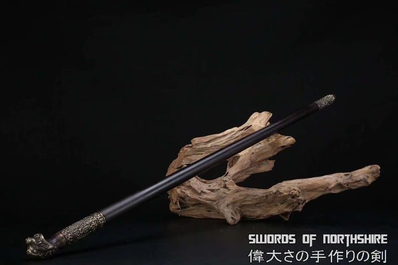 Lion Head Walking Stick Cane Sword Hiking Folded Steel Blade Jian Hand Carved Brass Fittings