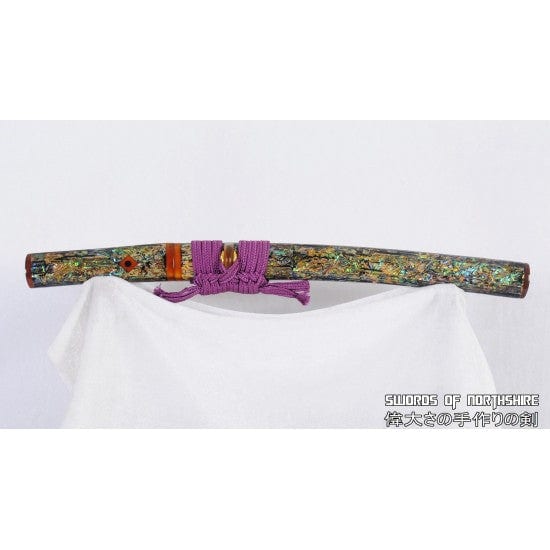 Mother of Pearl & Shell Shirasaya Feather Grain Pattern Hand Forged Folded Steel Tanto Knife