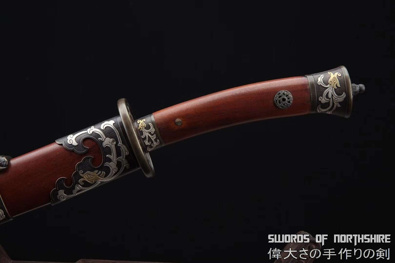 Rosewood Dragon Dao Clay Tempered & Folded Damascus Steel Blade