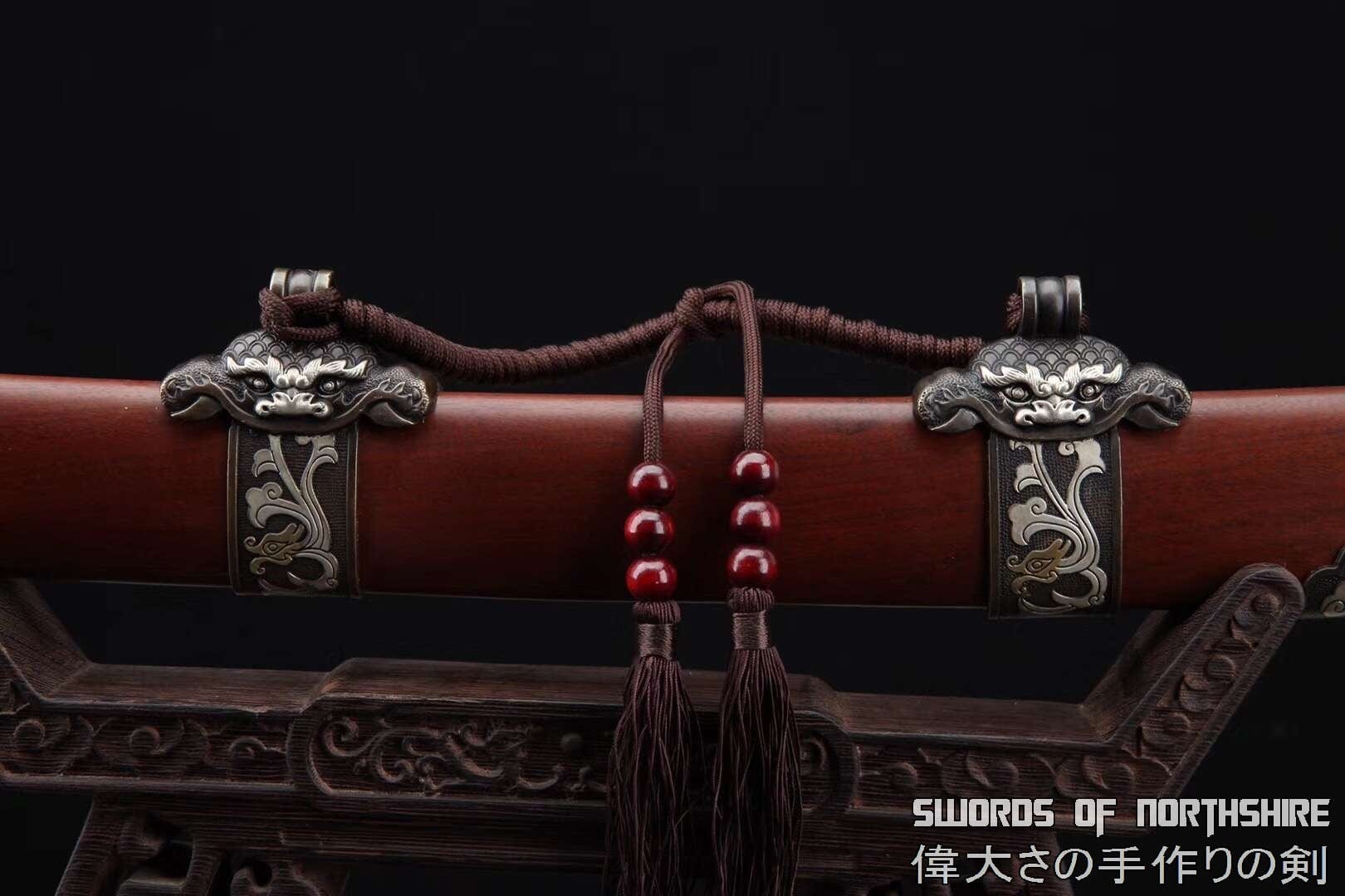 Rosewood Dragon Dao Clay Tempered & Folded Damascus Steel Blade