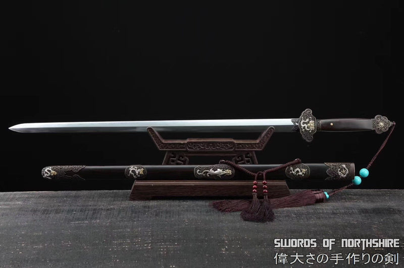 Ebony Dragon Jian Hand Forged Clay Tempered & Folded Steel Blade Battle Ready Chinese Jian Sword