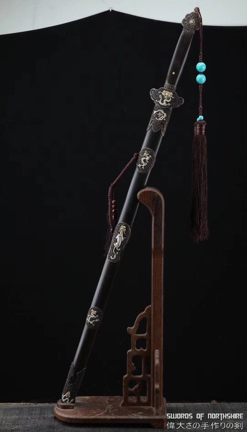 Ebony Dragon Jian Hand Forged Clay Tempered & Folded Steel Blade Battle Ready Chinese Jian Sword