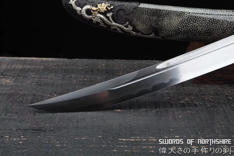 Dragon Dao Clay Tempered & Folded Steel Blade Chinese Sword Hazuya Polish Genuine Rayskin Scabbard