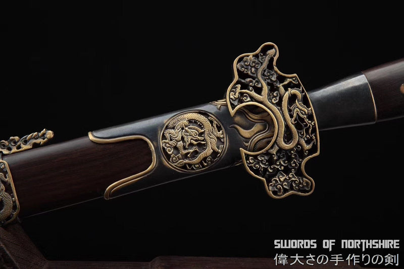 Ebony Wood Dragon Jian Folded Damascus High Carbon Steel Battle Ready Chinese Martial Arts Tai Chi Sword