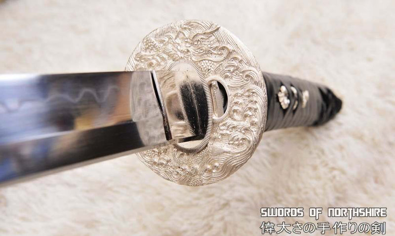 1095 High Carbon Steel Clay Tempered Silver Dragon Katana Samurai Sword