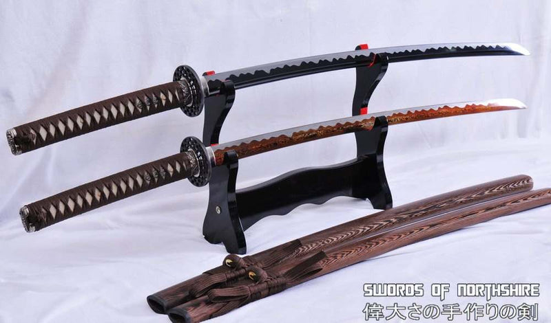 1095 High Carbon Steel Black Blade and Red Folded Steel Samurai Katana Sword Set