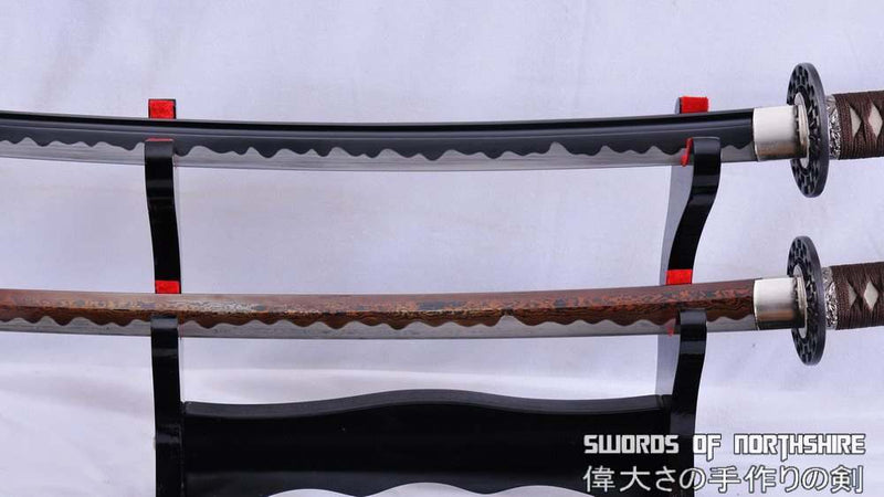 1095 High Carbon Steel Black Blade and Red Folded Steel Samurai Katana Sword Set