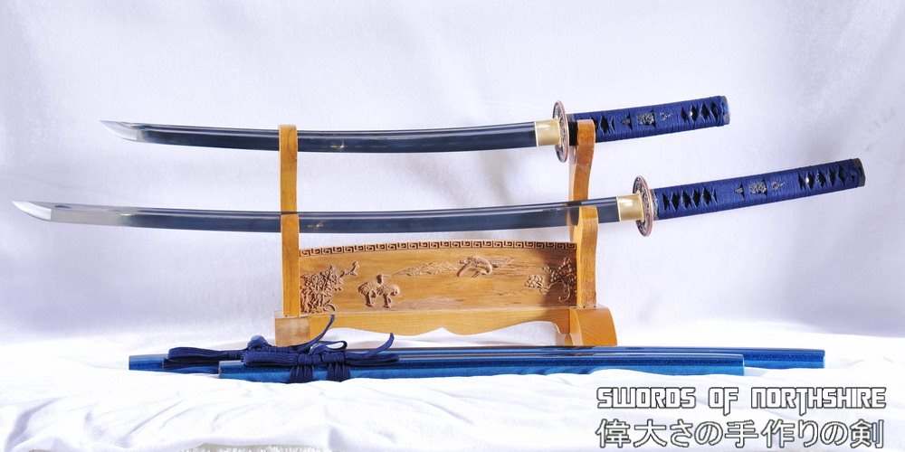 Hand Forged Folded Steel Katana & Wakizashi Blue Dragon Samurai