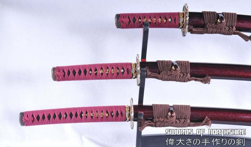Hand Forged Red and Black Folded Steel Katana Wakizashi & Tanto Samurai Sword Set