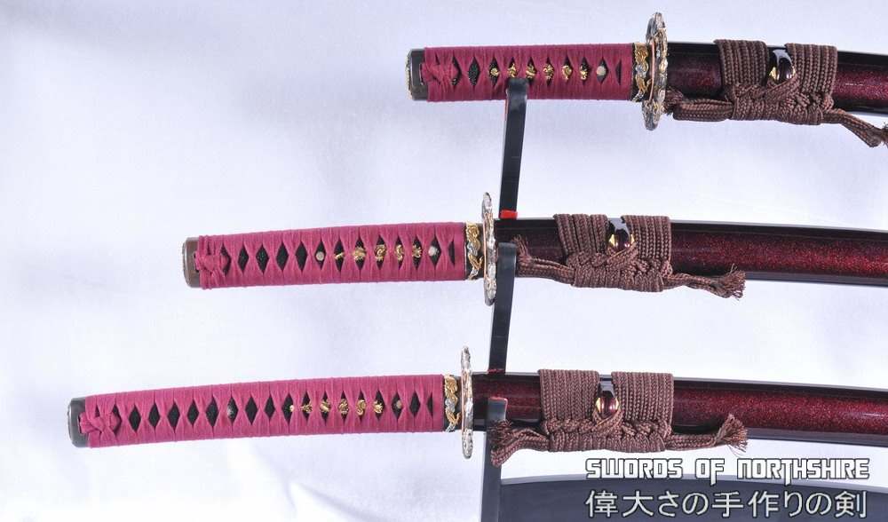 Hand Forged Red and Black Folded Steel Katana Wakizashi & Tanto Samurai Sword Set