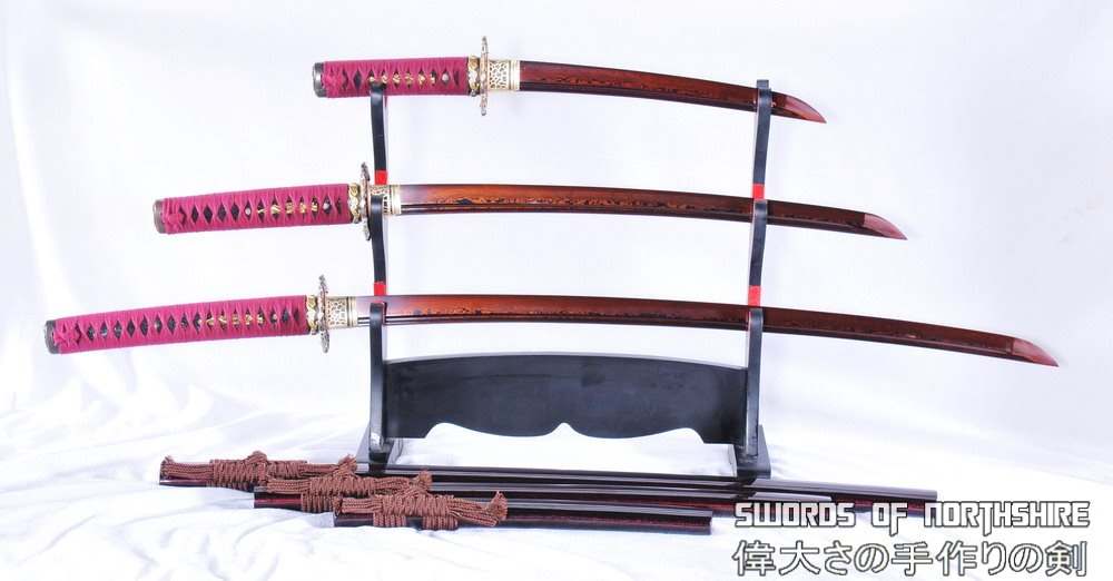 Hand Forged Red and Black Folded Steel Katana Wakizashi & Tanto