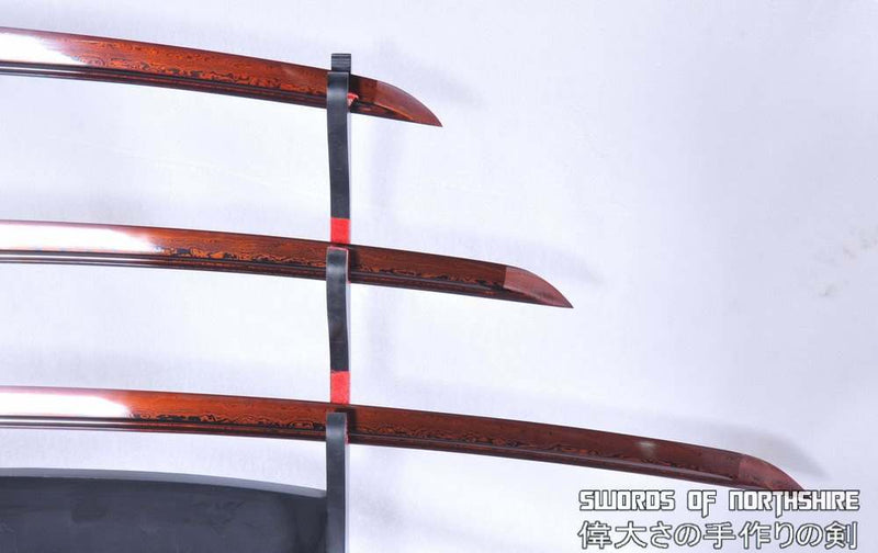 Hand Forged Red and Black Folded Steel Katana Wakizashi & Tanto Samurai Sword Set