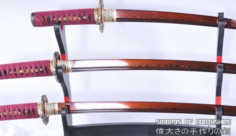 Hand Forged Red and Black Folded Steel Katana Wakizashi & Tanto Samurai Sword Set