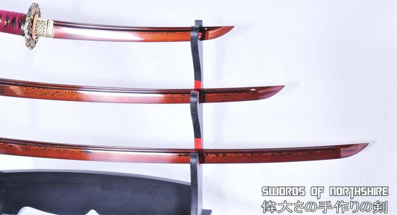 Hand Forged Red and Black Folded Steel Katana Wakizashi & Tanto Samurai Sword Set