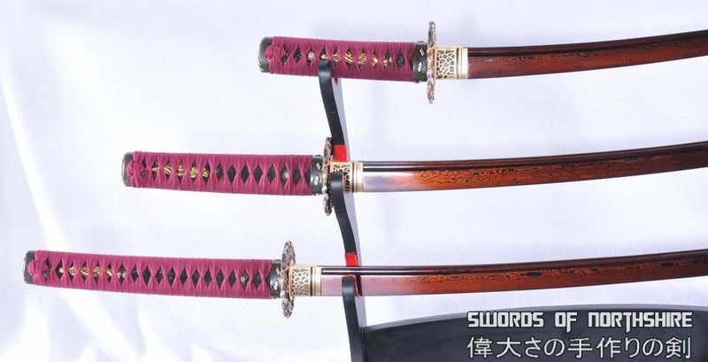 Hand Forged Red and Black Folded Steel Katana Wakizashi & Tanto Samurai Sword Set