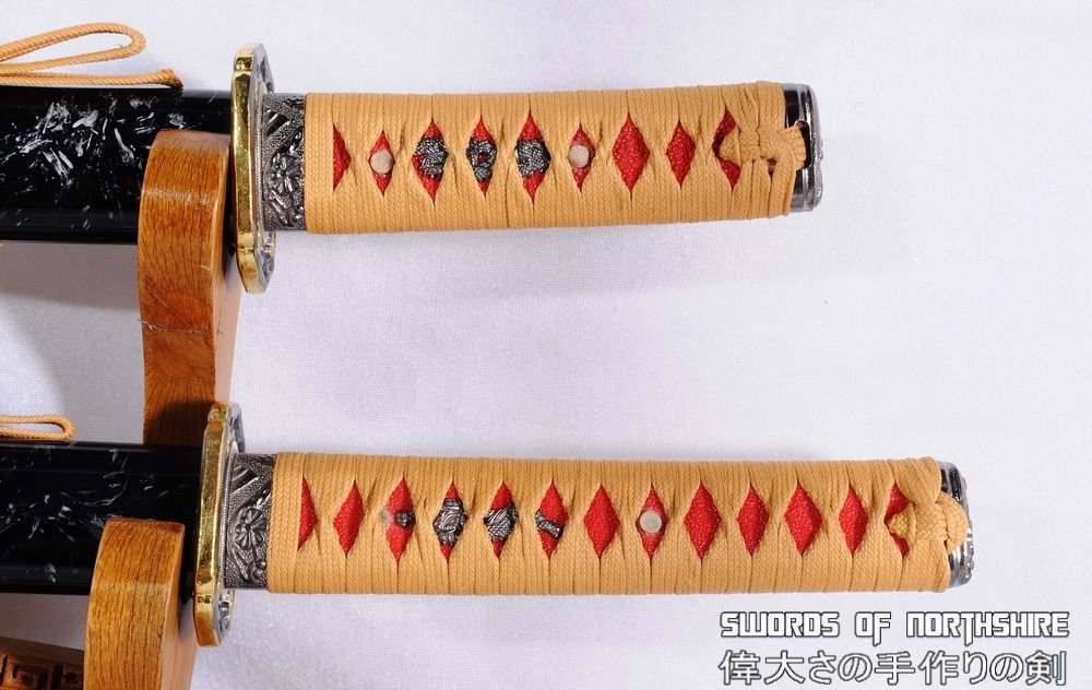 Hand Forged Red and Black Folded Steel Wakizashi & Tanto Samurai Sword Set