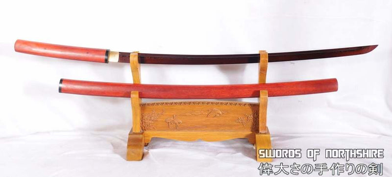 Hand Forged Red and Black Folded Steel Blade Samurai Katana Shirasaya Sword