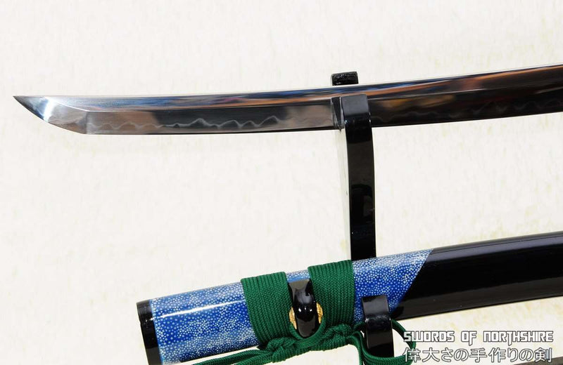 1095 High Carbon Steel Clay Tempered Wakizashi with Rayskin Wrapped Saya