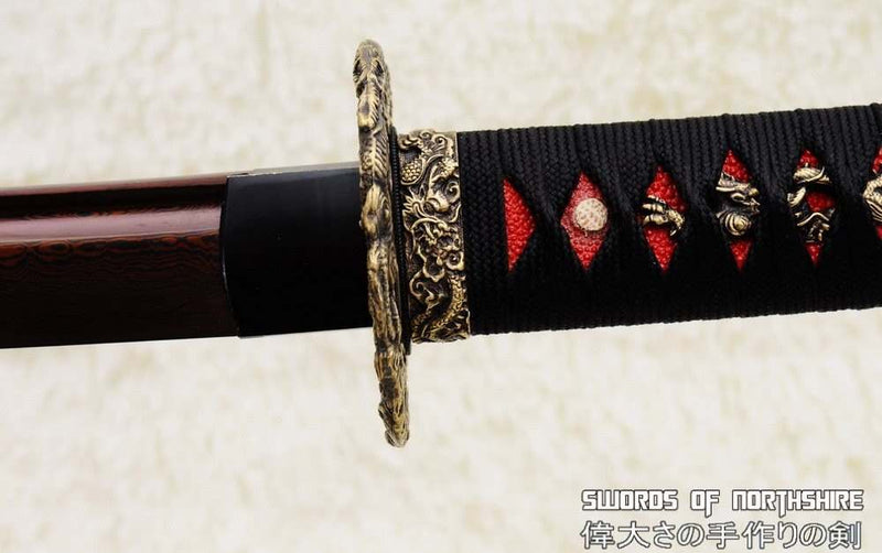 Blood Dragon Nodachi Hand Forged Red and Black Folded Steel Samurai Dragon Odachi Sword