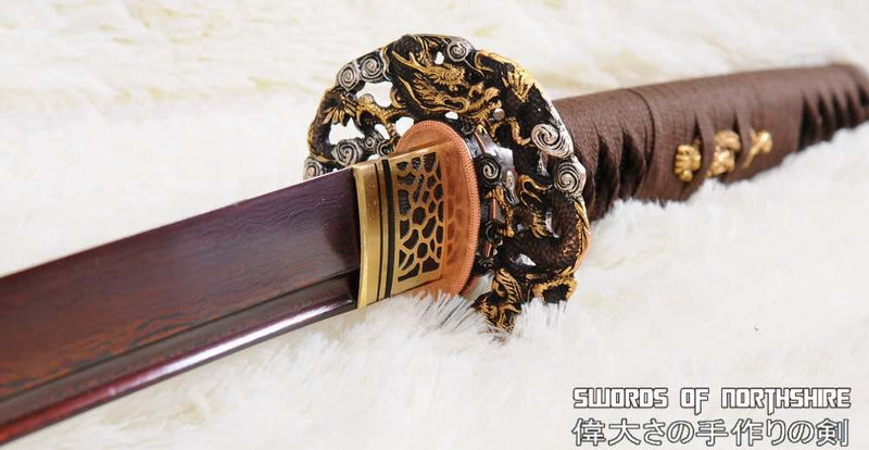 Hand Forged Red and Black Folded Steel Samurai Dragon Katana Sword