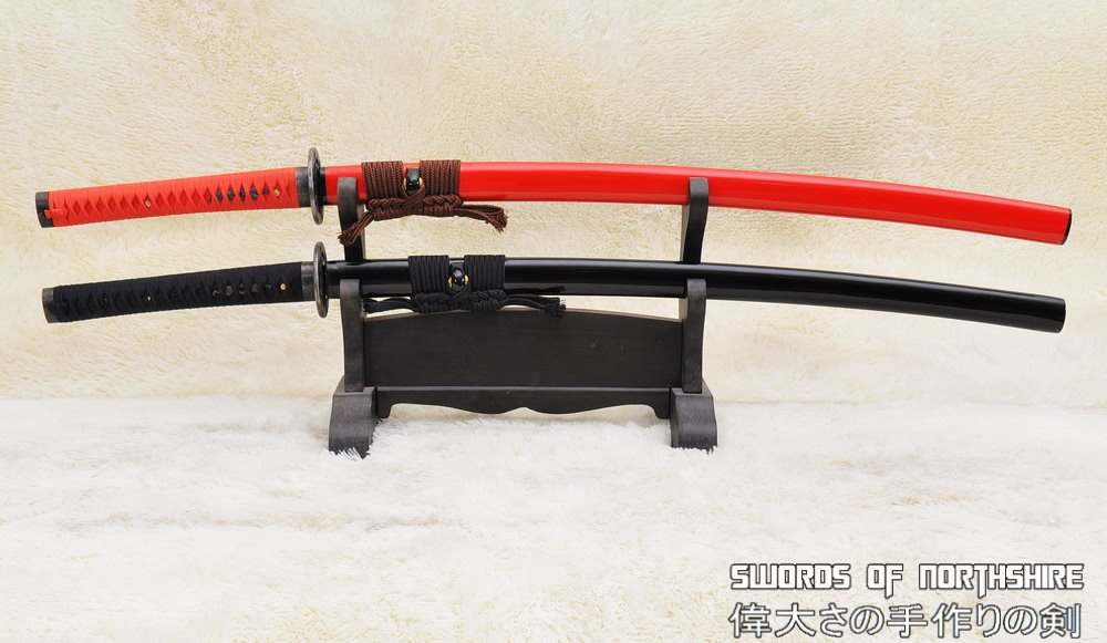 1095 High Carbon Steel + Folded Steel Sanmai Black and Red Samurai Katana Sword Set