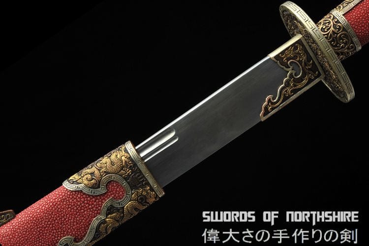 Red Dragon Chinese Sword Clay Tempered & Folded Steel Blade Full Rayskin Wrap Dao