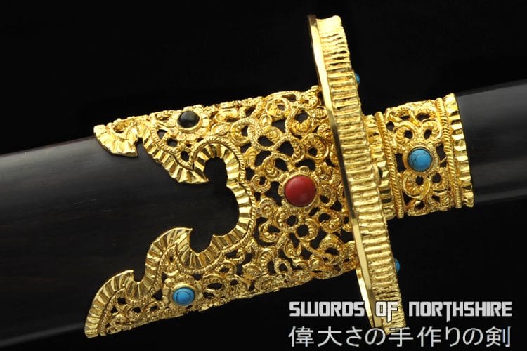 Gemstones Gold Plated Chinese Sword Folded Steel Blade Kung Fu Martial Arts Tai Chi Dao